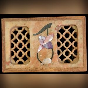 Vintage Wood Trinket Box w/ Soapstone & Mother of Pearl Inlay (MADE IN INDIA)